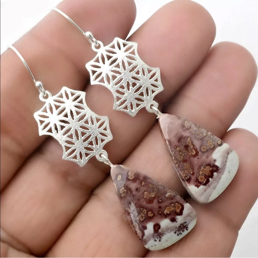 Sacred geometry sterling silver earrings with coffee bean Jasper
